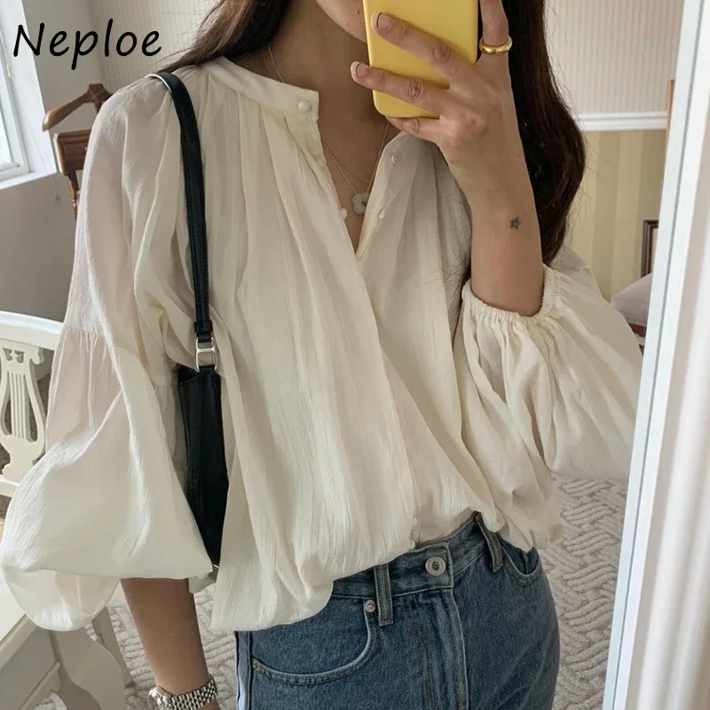 Neploe French Retro Single-breasted Blouse Shirt Woman Lantern Sleeve Design Casual Women Tops Loose Versatile Solid Color Top