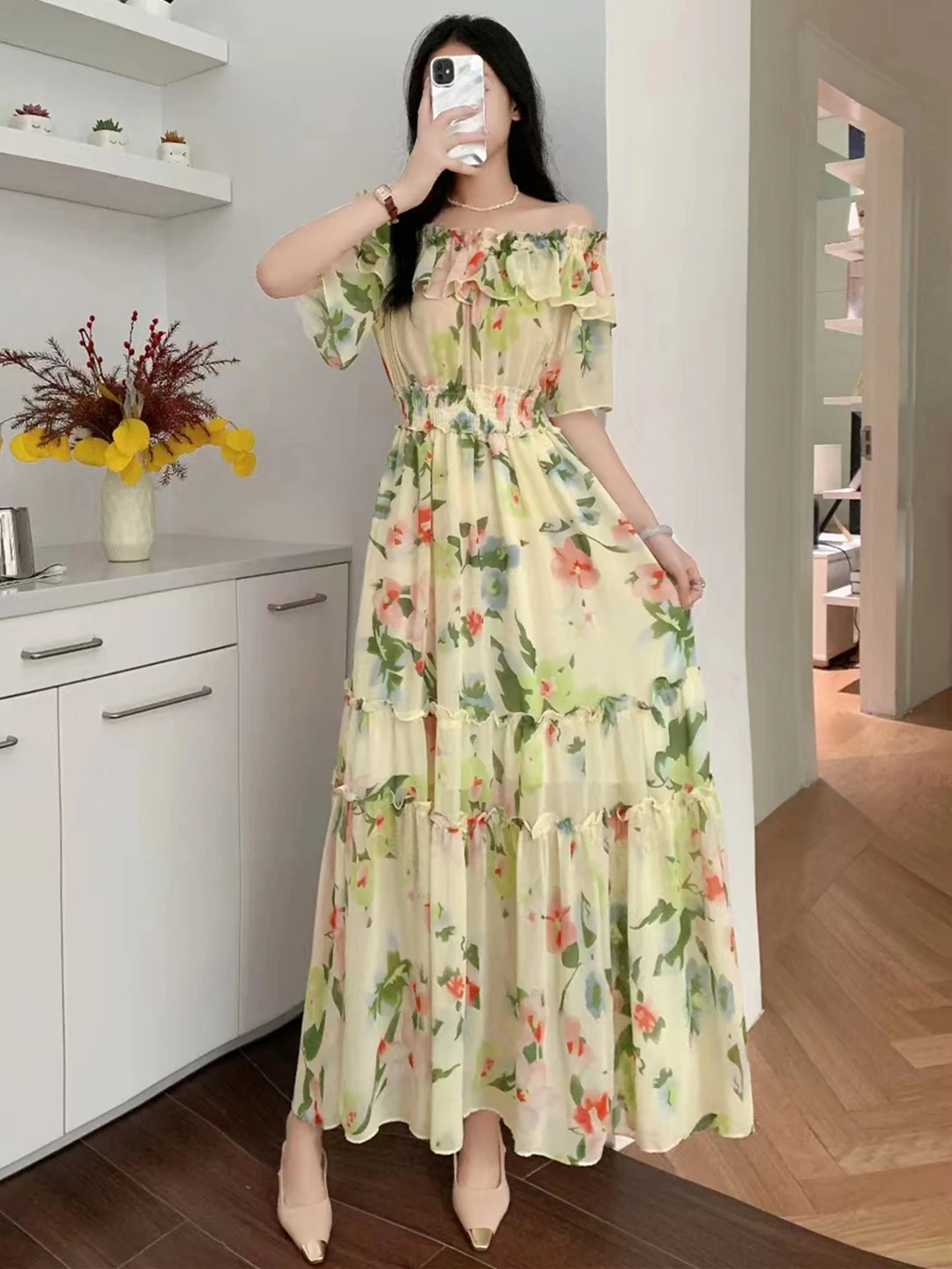 2024 New Summer Women Sexy Slash Neck Short Sleeve Slim Long Dress Fashion Patchwork Big Hem Sweet Ruffles Floral Dress