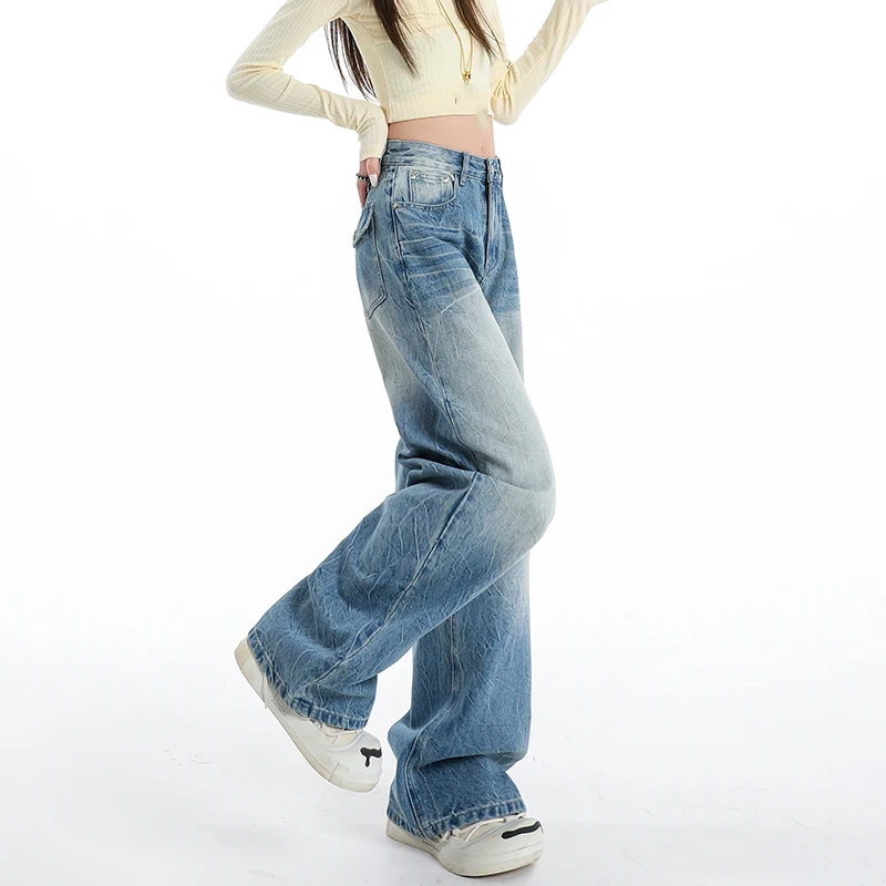 Vintage Washed Wide Leg Jeans Women High Waisted Baggy Denim Pants Retro American Streetwear Y2K Casual Trousers Fashion Pockets