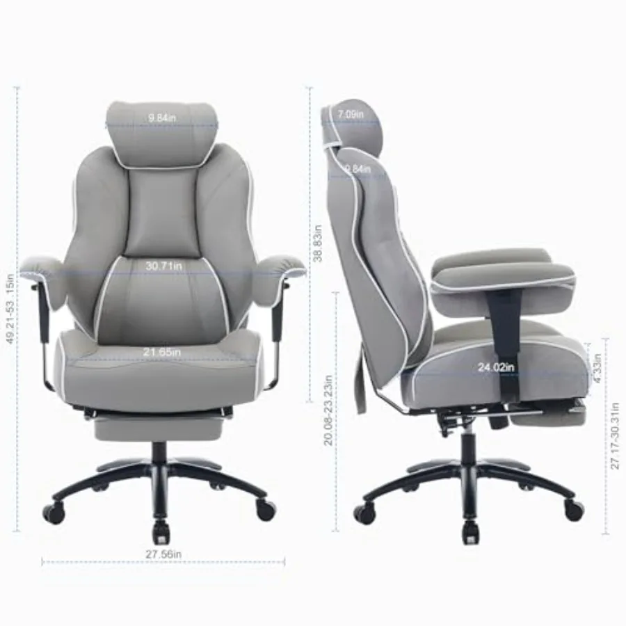Big and Tall Office Chair with Foot Rest for Executive Use, PU Leather Gray Ergonomic Chair with Lumbar Support and 135 Reclini