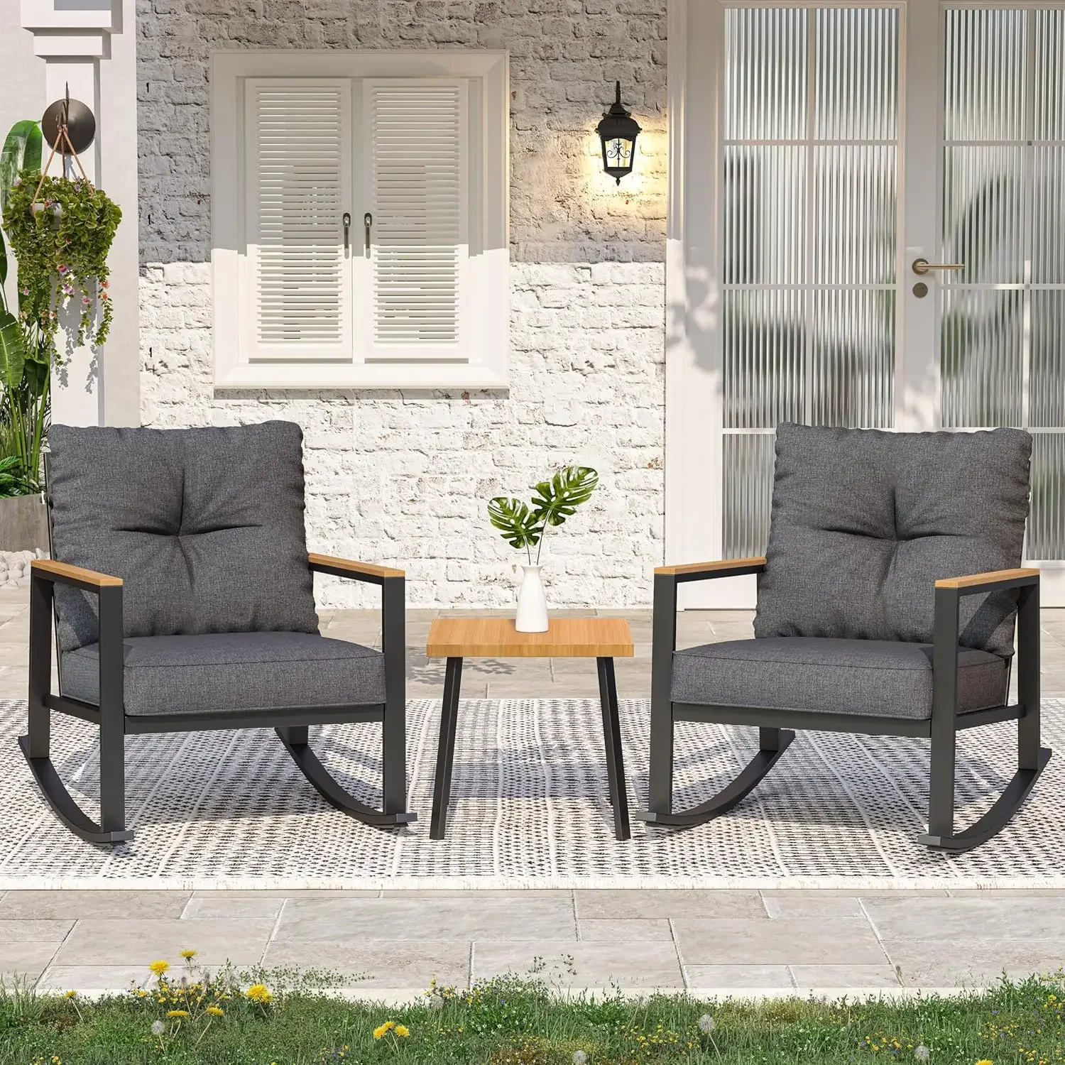 

3pc Rocking Bistro Set Outdoor Patio Furniture Thick Cushions Coffee Table Garden Balcony Backyard, Custom