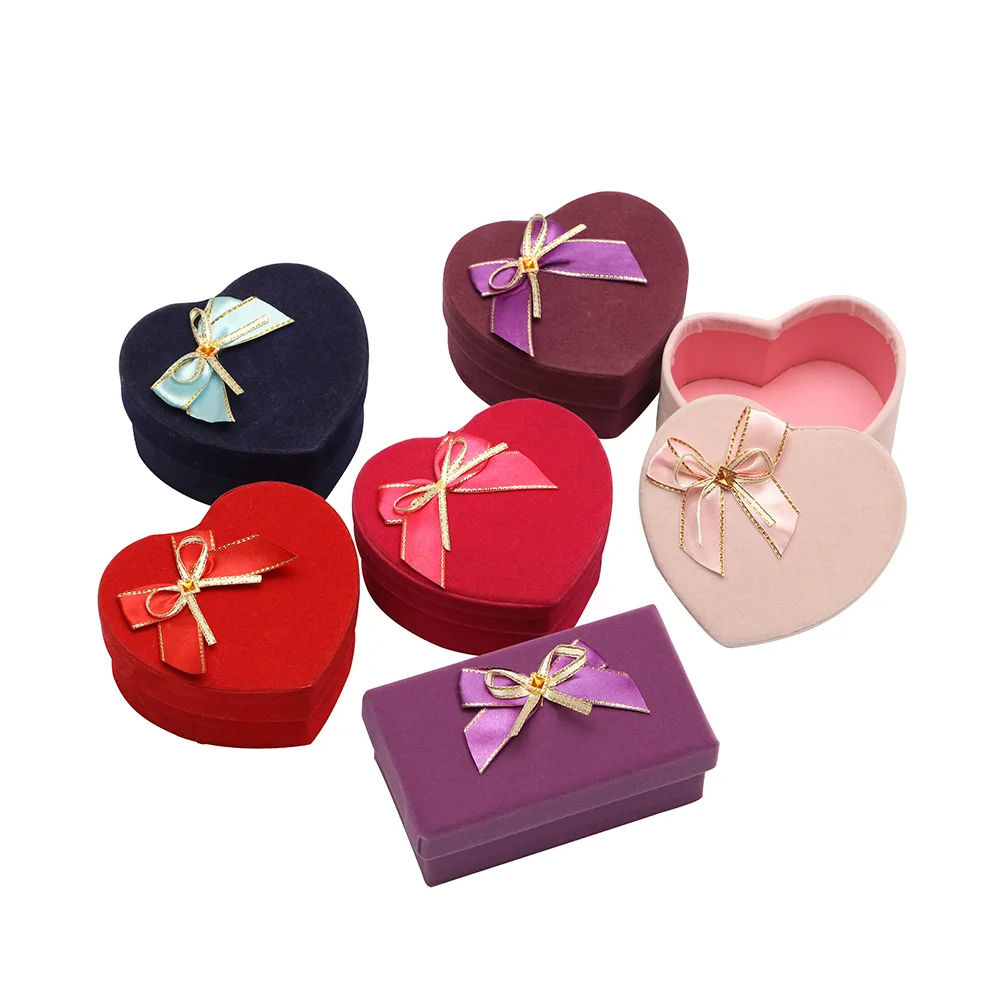 Bow Ribbon Jewelry Box Velvet Heart Shaped Gift Box Earrings Ring Necklace Storage Case Gift Packaging Display Container