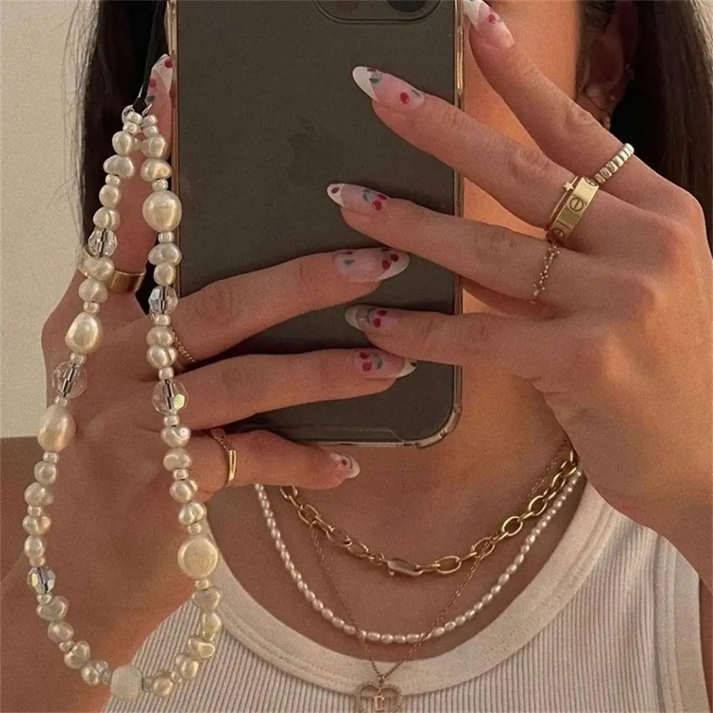 

Wristlet String White Pearl Glass Beaded Pearl Crystal Phone Wrist Strap Phone Lanyard Mobile Phone Chain Anti-Lost Lanyard