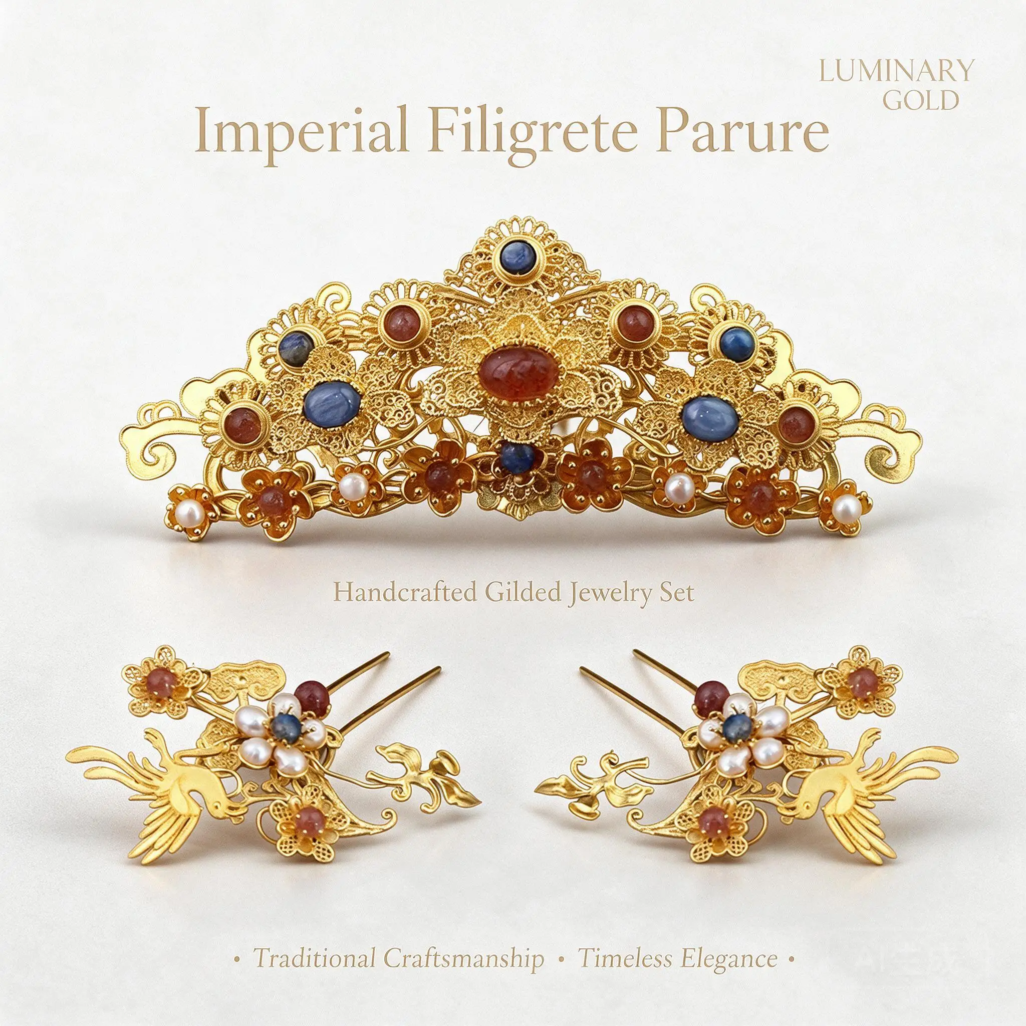 Handmade Chinese Ming Dynasty Hanfu Hair Crown Hairpins Set Ornate Gemstone Pearl Inlaid Gold Toned Headdress For Women Events
