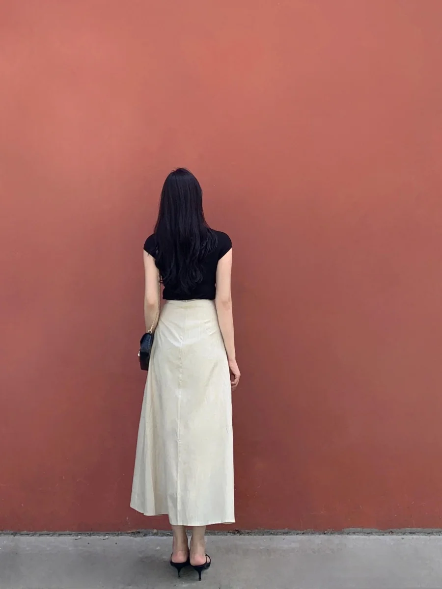 Textured Cotton Linen Half Skirt Women's High Waist A-Line Long Dress Summer 2024 Slimming Versatile Midi Skirt