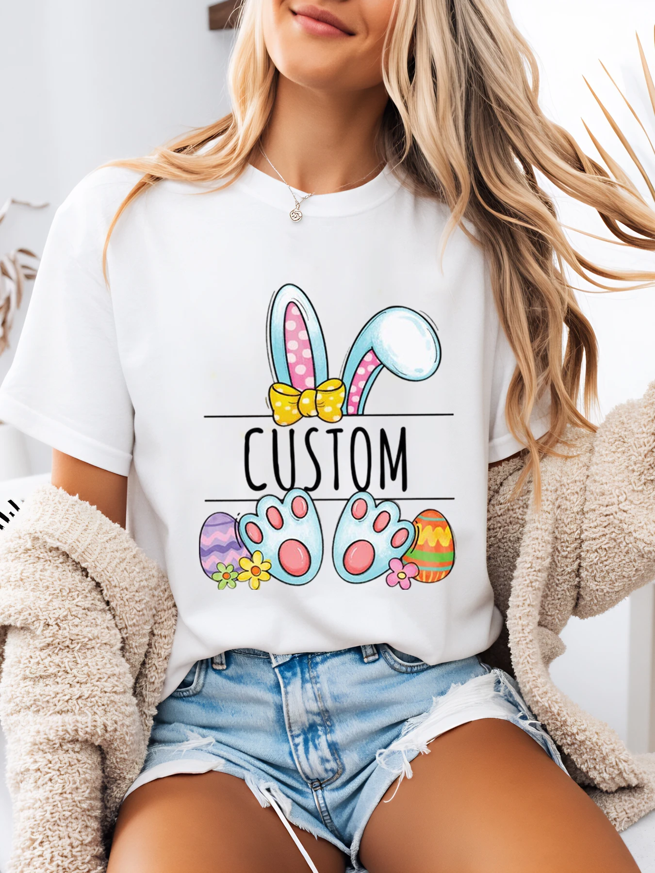 

Easter Bunny Ears and Paw Print Custom Design Easter T-Shirt Women Casual Spring Outfit White Plus-Size