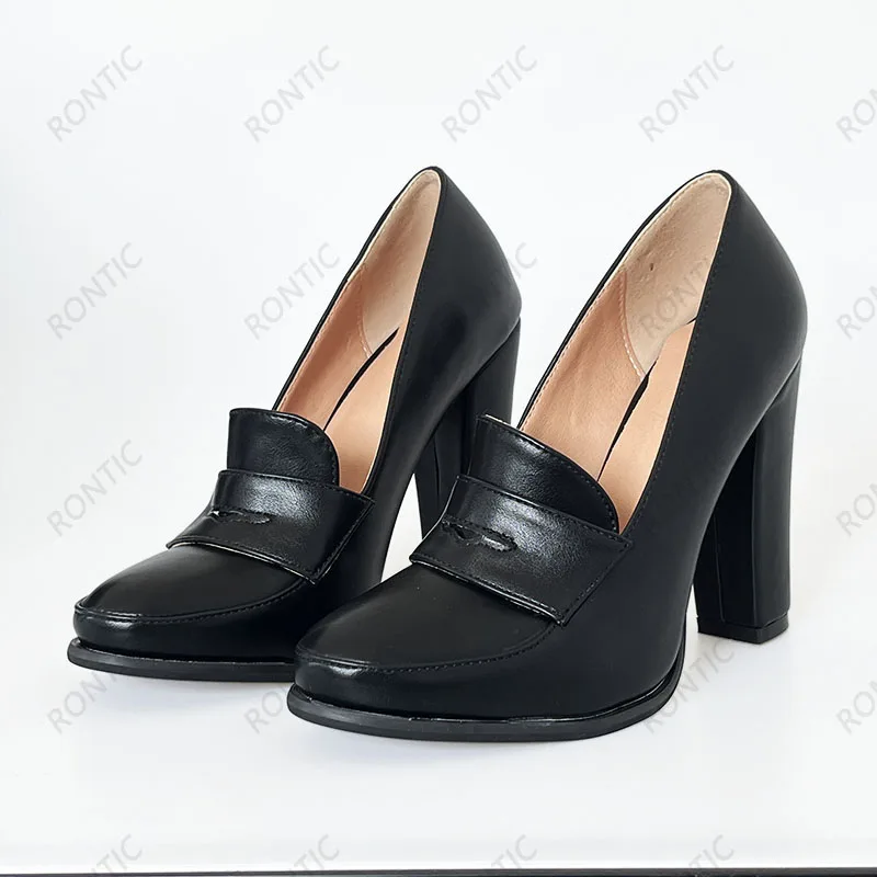 Rontic Handmade Women Spring Pumps Unisex Chunky High Heels Round Toe Pretty Black Party Shoes Ladies US Plus Size 5-20