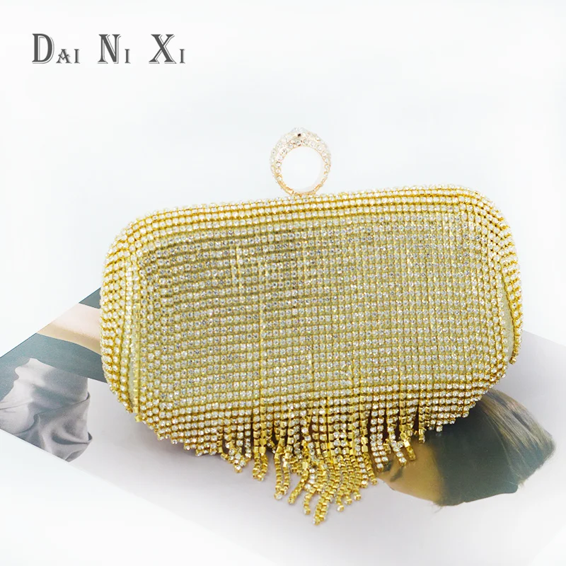 Luxury Women Diamond Tassel Tote Silver Rhinestone Evening Wedding Handbag Banquet Crystal Evening Dinner Clutch Bag