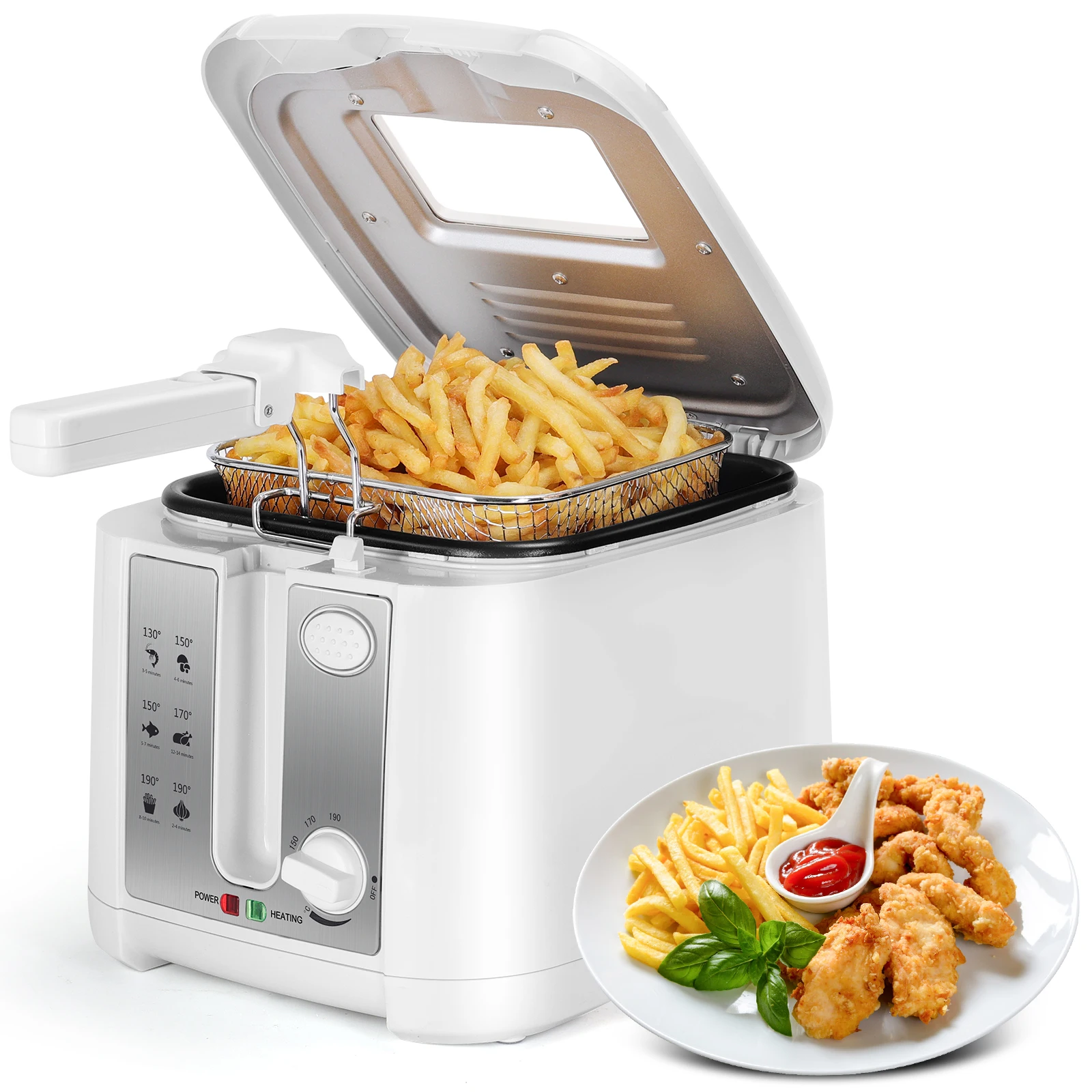 Friteuse à huile, 1650W, friteuse 2,5L avec fenêtre de visualisation, contrôle de température, voyant lumineux, blanc