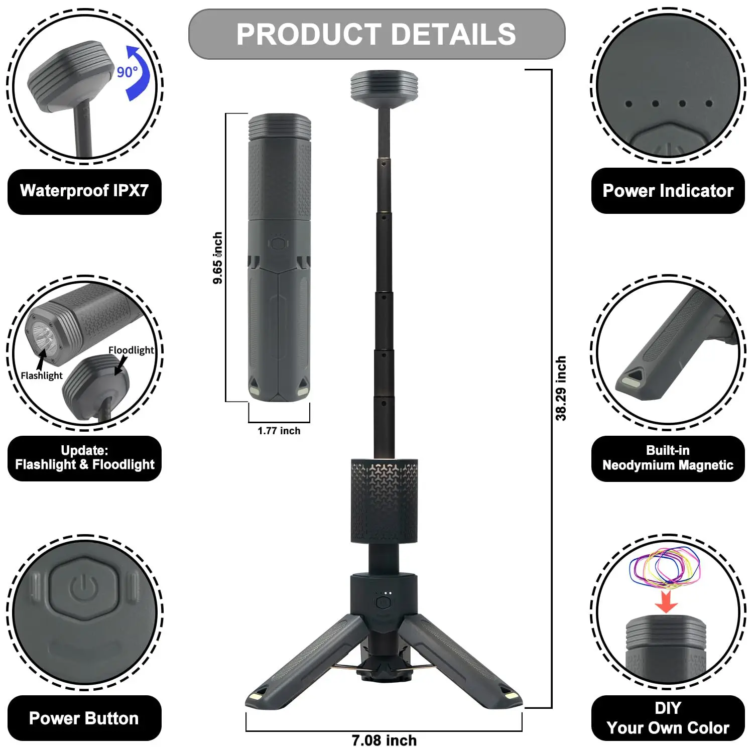 Telescopic and Collapsible Night Light, Mobile Lighting, 10500mAh Battery, Built-in Magnetic Road Light, Camping Flash