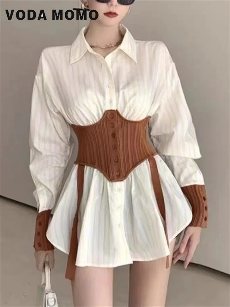 

Women's New Fashion Design Sense Niche Top Temperament Medium Length Shirt Slim Casual Fake Two Piece Waist Shirt Spring Autumn