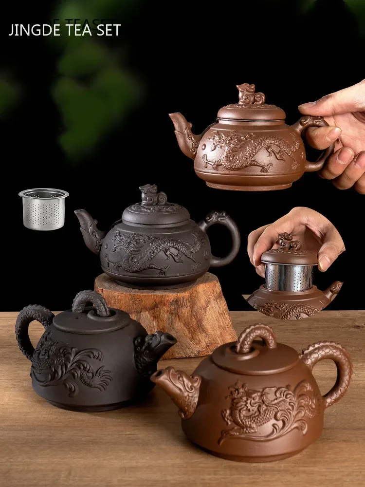 Authentic Yixing Purple Clay Tea sets Handmade Dragon Teapot With filter tea infuser Strainer teacup kettle Household Teaware