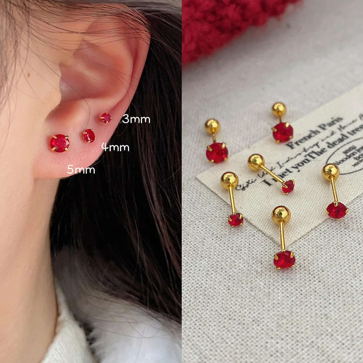 Pendientes clásicos de lujo redondos de circonita roja con cuentas simples para mujer, Piercing corporal a la moda, accesorios de joyería de tendencia, regalos de fiesta