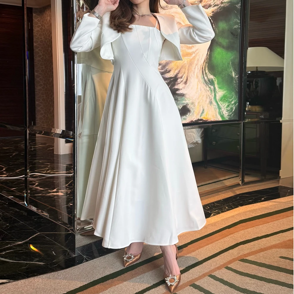 

Women's A-line Evening Dresses Tea-length Square Collar Full Sleeve Prom Gown Fashion Coat Simple Draped Casual Customized Gowns