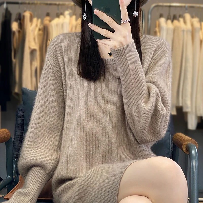 Women\'s U-Neck Mink Cashmere Long Dress Autumn Winter Long Sleeve Warm Luxury Fashion Mink Cashmere Solid Color Loose Knit Dress