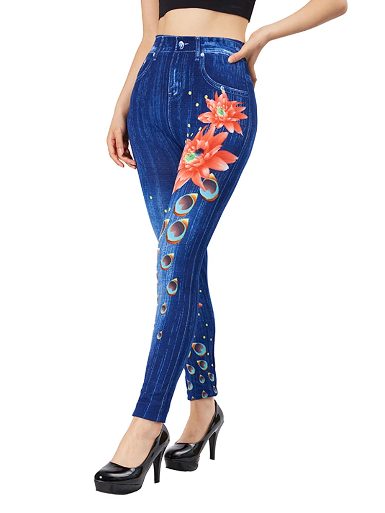 CUHAKCI Lotus Print Imitation Denim Leggings Fake Women Slim Fit Stretch Jeggings Blue Breathable False Jeans Pencil Pants