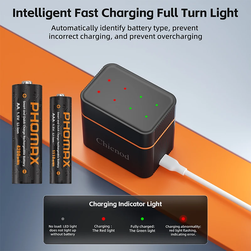 PHOMAX 8-Slot Smart Charger for AA/AAA Batteries 1.5V 4200mWh/1110mWh Fast-Charging Lithium Battery Set