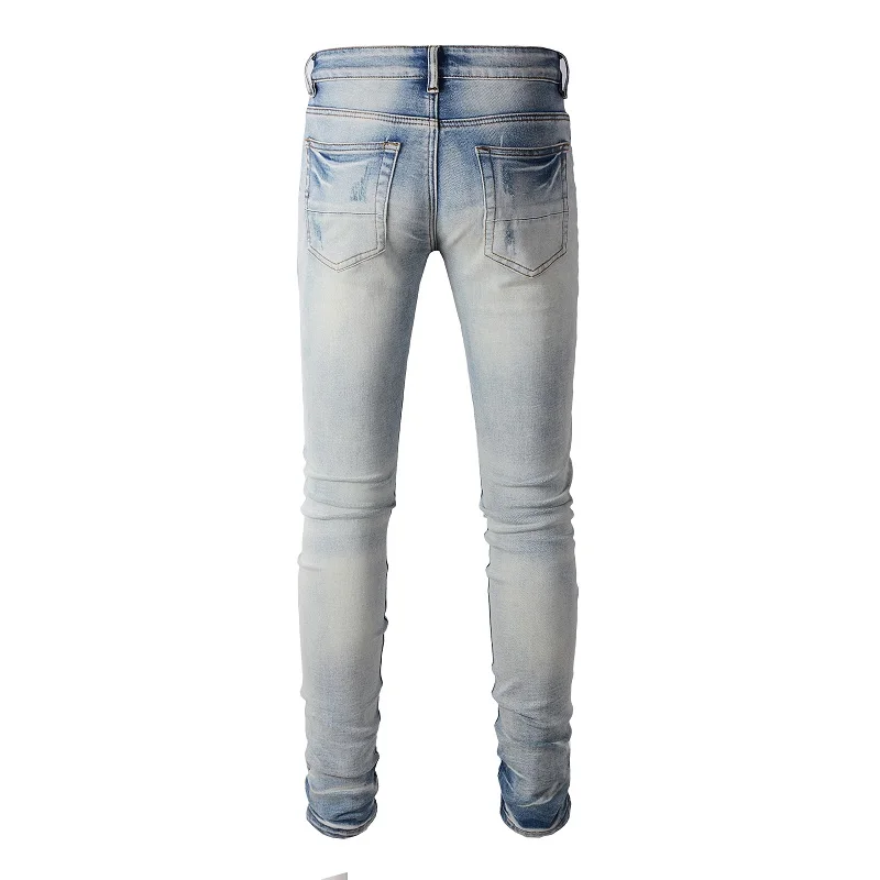 Men's High Street Distressed Blue Classical Leather Ribs Patchwork Holes Stretch Slim Fit Streetwear Designer Ripped Jeans