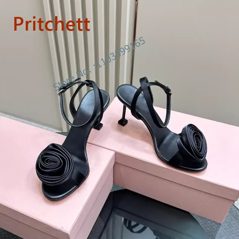 Solid Satin Rose Sandals Round Toe Buckle Strap Thin Heels Women\'s Shoes Ankle Strap Pink Black Summer Stiletto Shoes Luxury