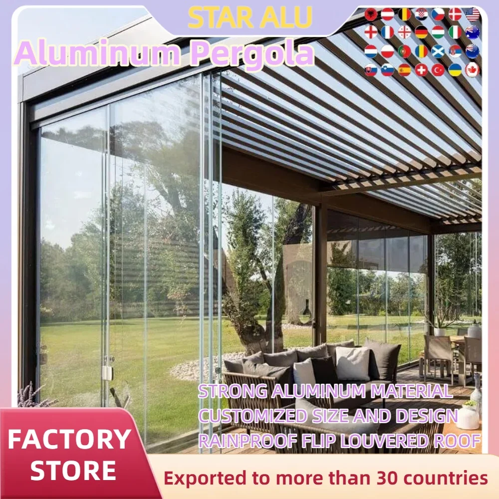 

One square meter Bioclimatic Pergola with glass door waterproof windproof aluminum flip louver roof customized size design yard