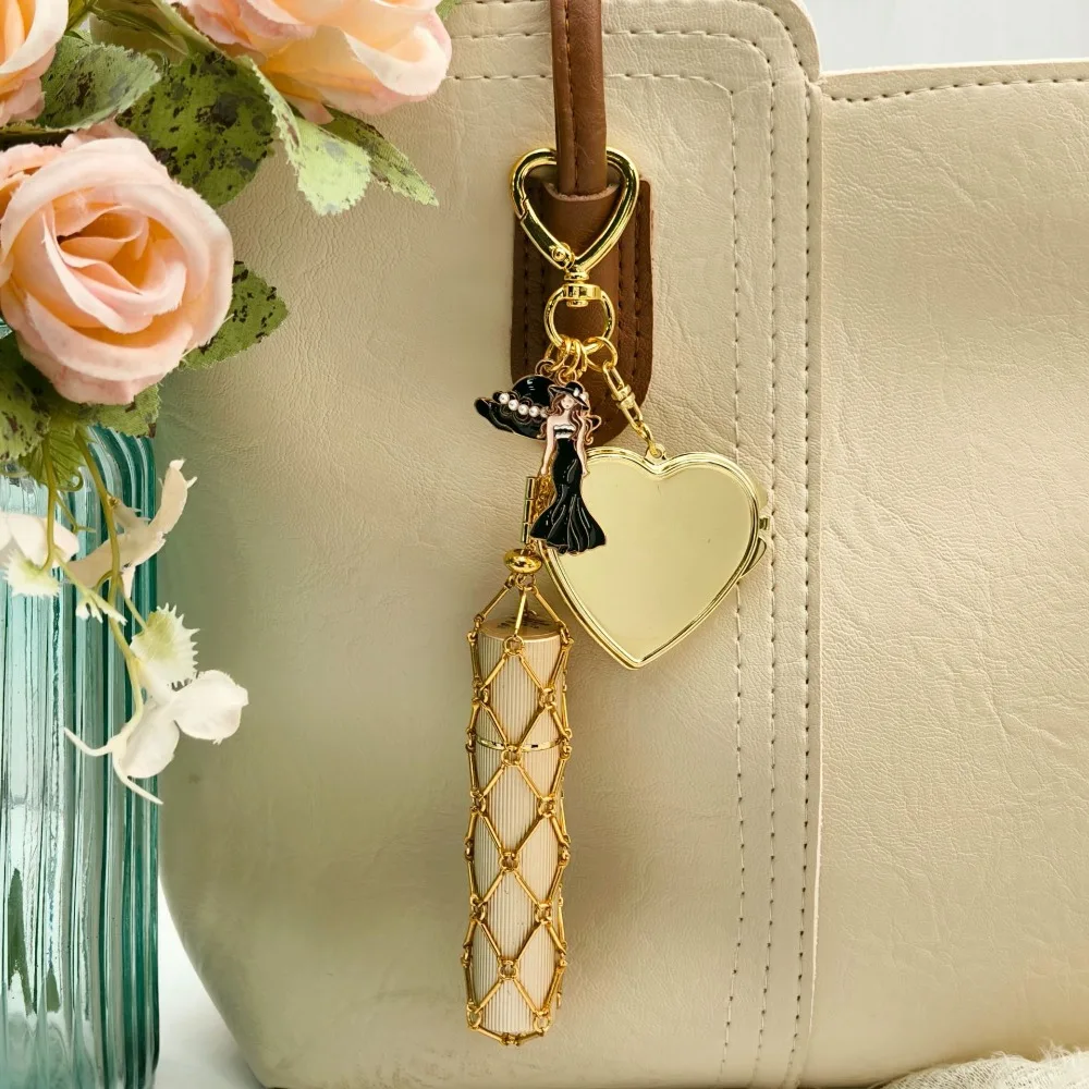 Fashionable Lipstick Storage Keychain Mini Mirror Woman Hat Enamel Charm Stylish Metal Mesh Bag Pendant Gift Young Girls view 2