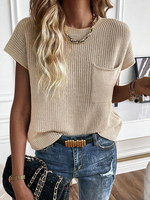Knitted sweater solid color short sleeved top for women thick needle round neck sweater elegant and fashionable