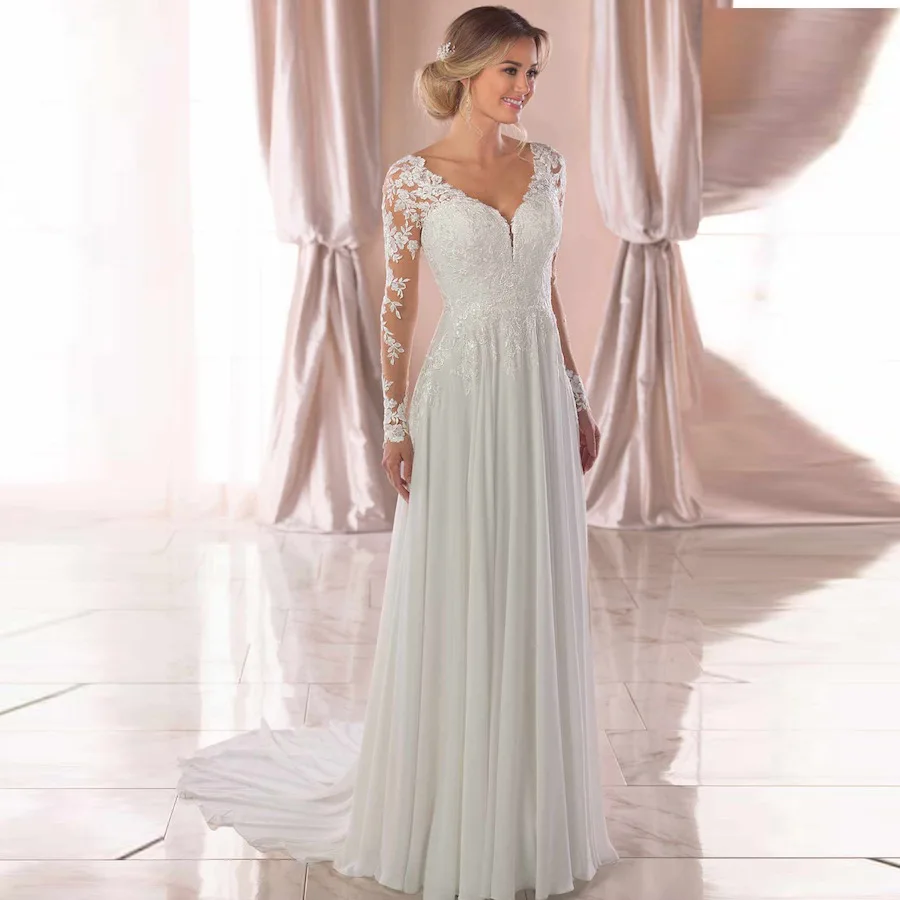 Elegant V-neck Appliqué Lace A-line Chiffon Wedding Dress Long Sleeve Sweep Train Backless Women Wedding Gowns Bride Dresses