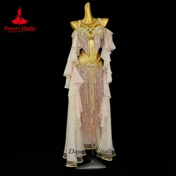Belly Dance Performance Wear High-end Customized Luxury Rhinestone Bra+sexy Tassel Skirt+Sleeve Set Dancer Competition Costume