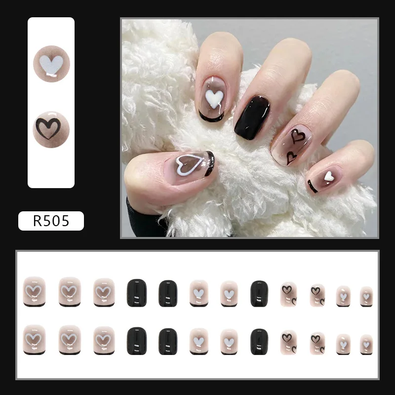 

24Pcs Gothic Love Press-On Nails – Medium Square Shape With Black/White Hearts & No-File Black Borders Mysterious Elegance
