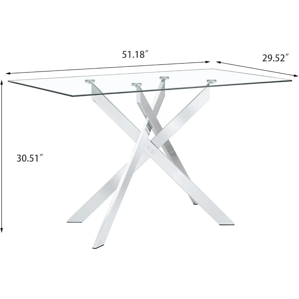 Glass Dining Table Modern Kitchen Glass Top Tables for 4 with Chrome Plated Metal Legs,51