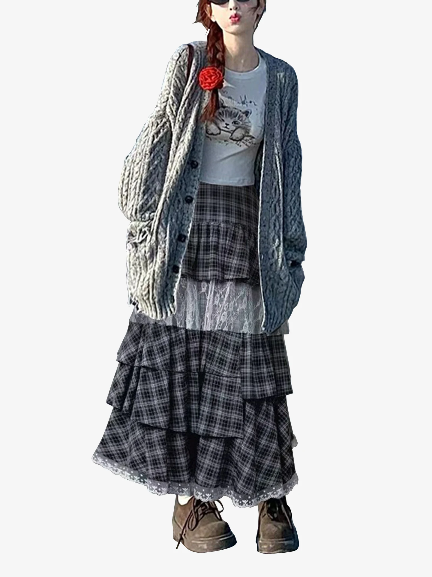 

Bla Plaid Skirt Women's Spring Autumn High Design Sense Lace Splicing Cake Skirt Faionable Versatile mid Waist A-Line