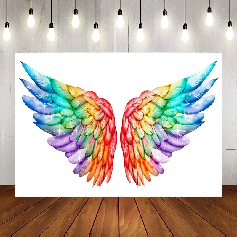 

Magic Angel Wings Backdrop Photography Bright Rainbow Wings Shiny Glitter Wings White Background Colorful Wings Party Banner