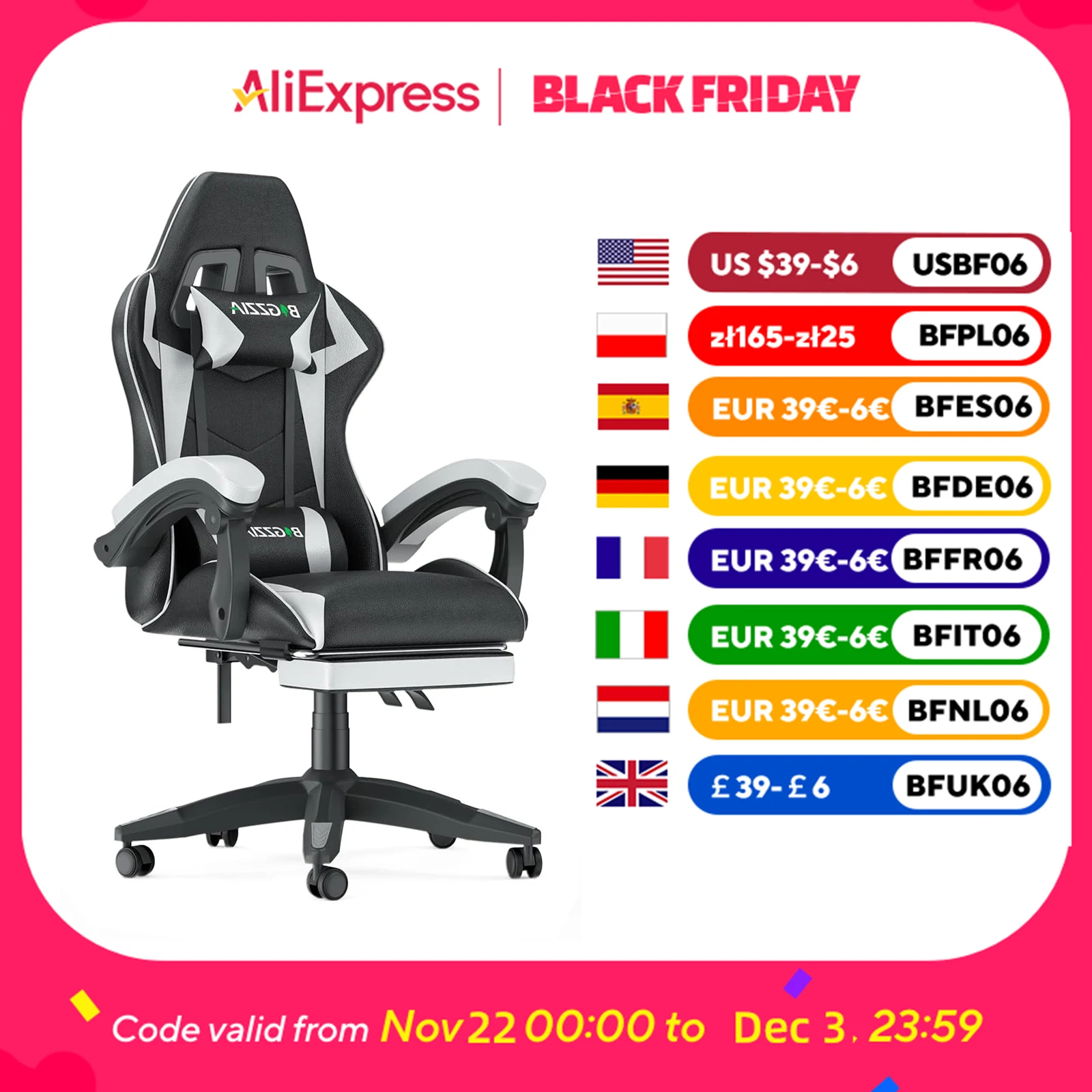 Bigzzia Gaming Chair with Footrest Gamer Chairs Ergonomic with Lumbar Cushion Chair Height Adjustable Office Chair for Home