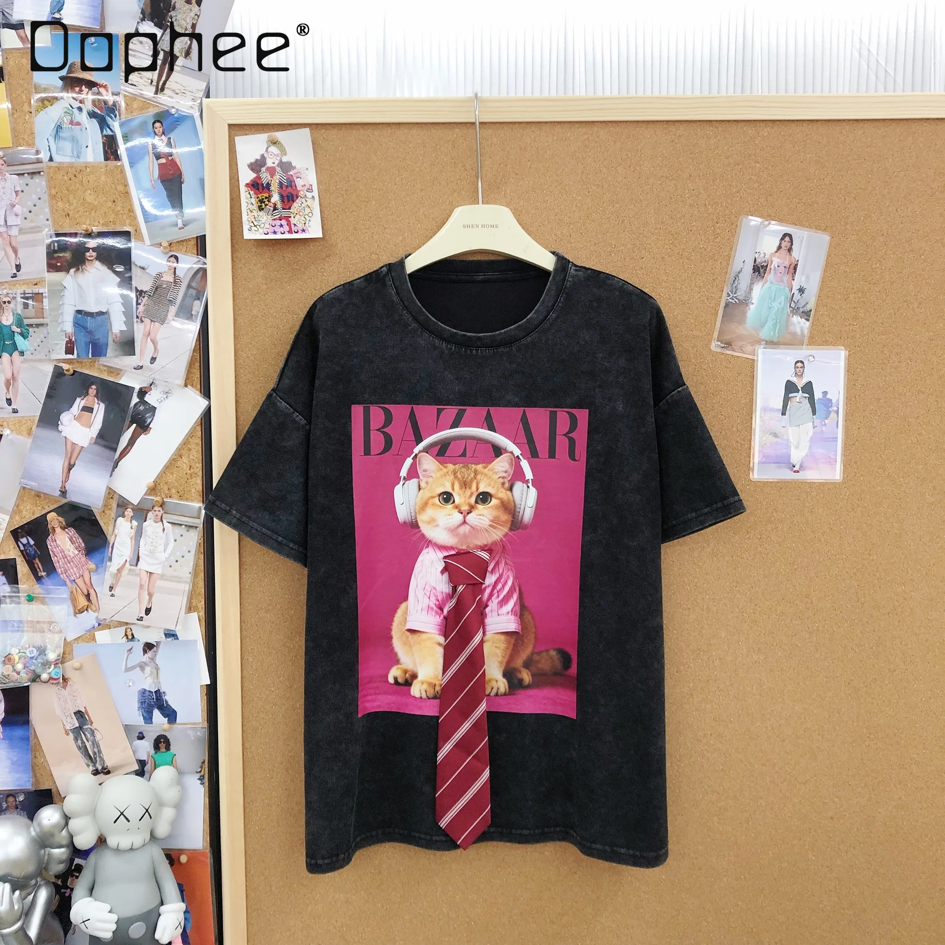 

Модная женская футболка оверсайз с коротким рукавом и принтом кота, повседневный стиль, весна-лето