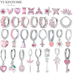 925 Sterling Silver Needle Sweet Cute Pink Zircon Hoop Earrings for Women Exquisite Heart Pendant Earrings Luxury Jewelry Gift