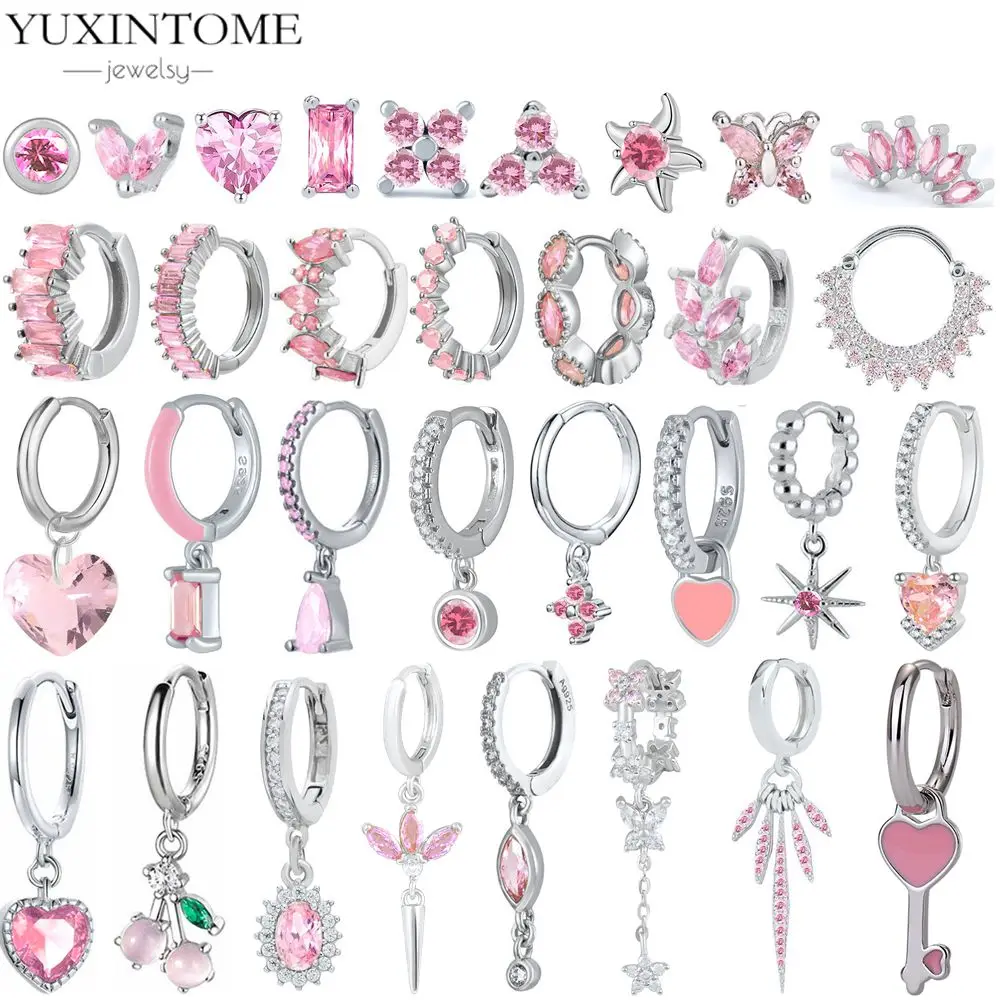 925 Sterling Silver Needle Sweet Cute Pink Zircon Hoop Earrings dla kobiet Wykwintne kolczyki wisiorek w kształcie serca Luksusowy prezent jubilerski