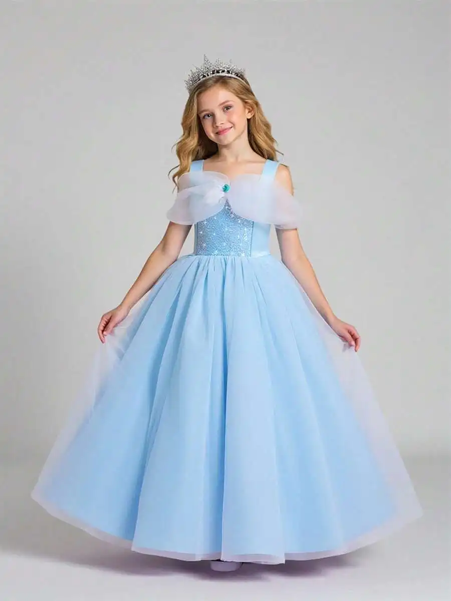 

Blue Off Shoulder Tulle Ball Gown Evening Dress With Bow And Beading
