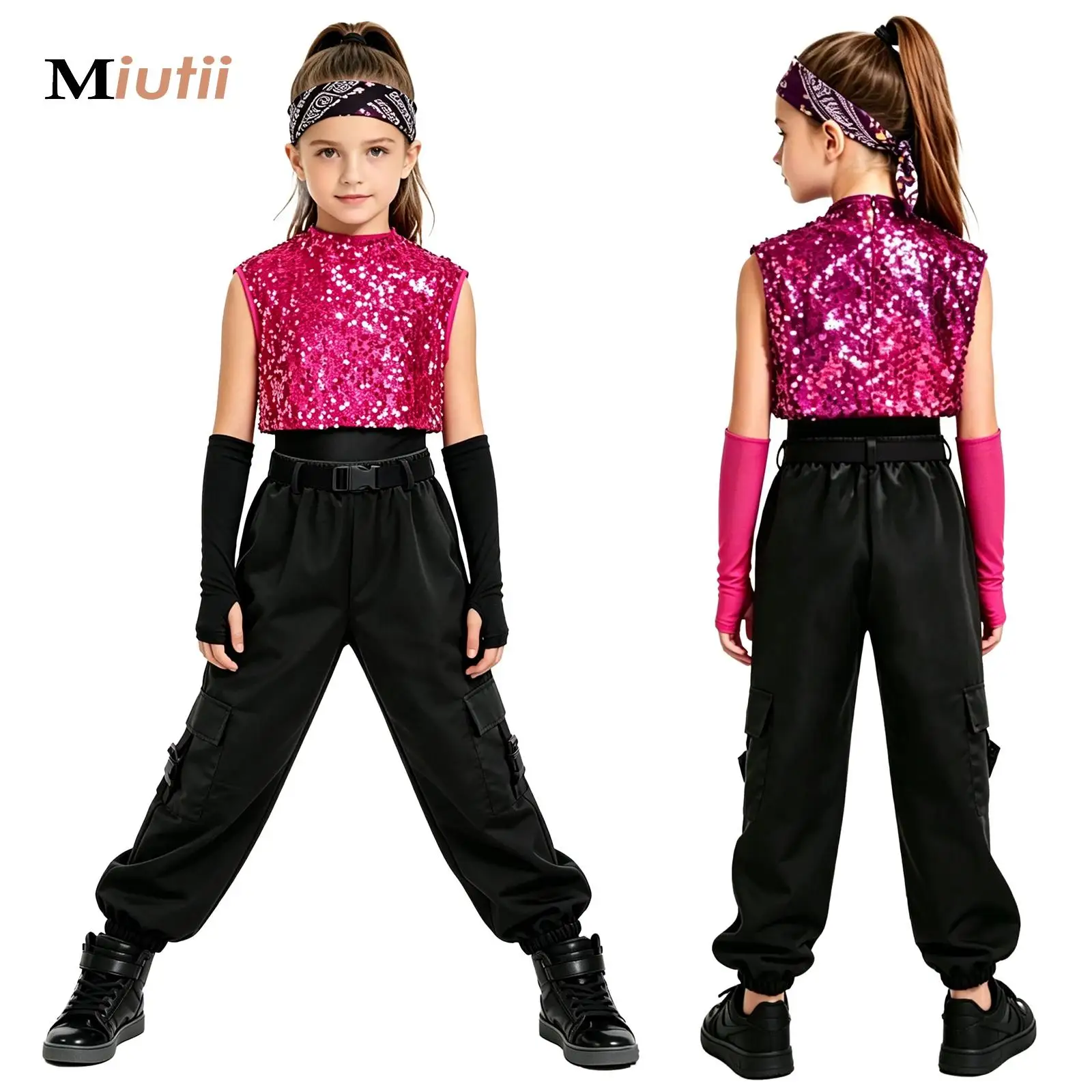 Kids Girls Hip-Hop Jazz Dance Modern Street Stage Costume Outfits Sleeveless Sequins Bodysuit with Cargo Pants Belt And Gloves
