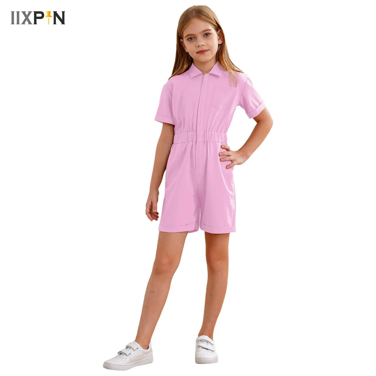 

Children Clothing Jumpsuit Kids Girls Boys Casual Turn-Down Collar Short Sleeve Coveralls Elastic Waist Beach Rompers Streetwear