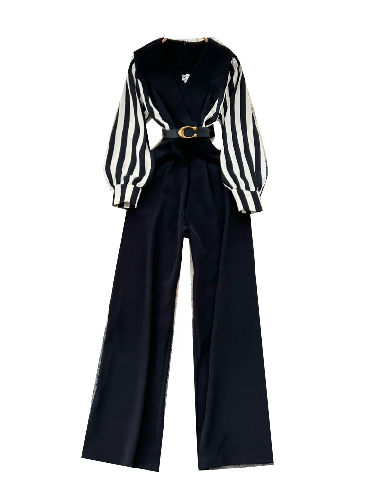 캐주얼 스트라이프 긴팔 패치워크 슈트 칼라 허리 조임 슬림핏 레저 원피스 팬츠 하이웨이스트 스트레이트 레그 출퇴근 스타일