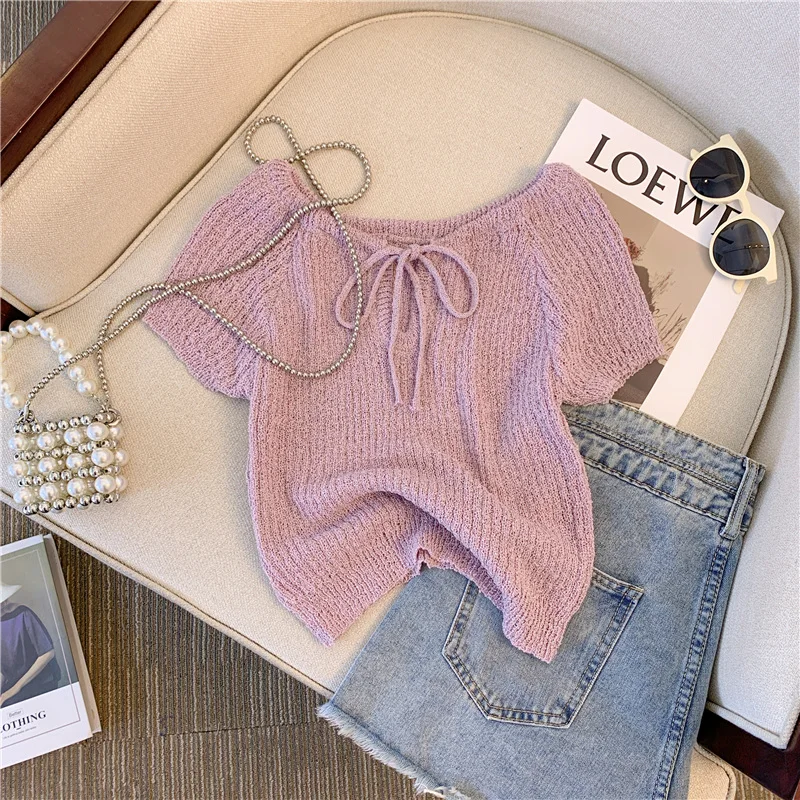 

Retro Korean Style Women's Short Sleeve T-Shirt Knitted Tie Design Compact Size Summer Top Vintage Aesthetic Minimalist