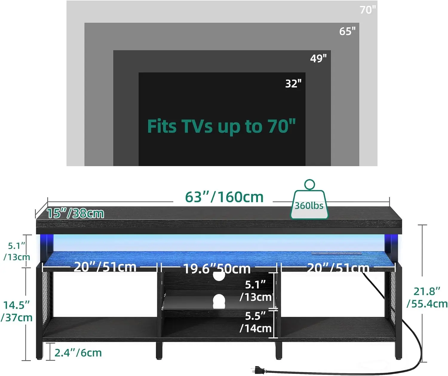 LED Television Stands com Power Outlets, Modern Industrial TV Stand, Centro de Entretenimento com Open Storage TV Table, 70 in, 65 in