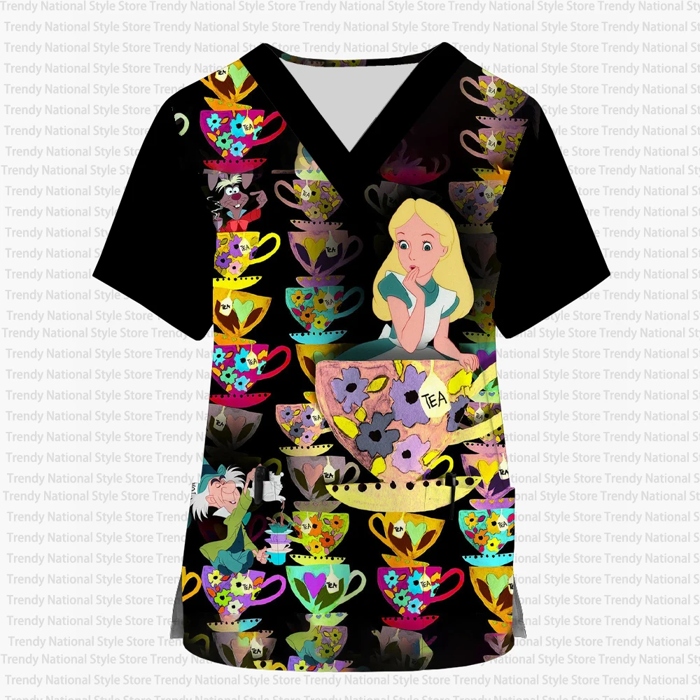 2025 nowych kobiet kieszonkowy mundurek do pracy Disney Princess Mickey Print dekolt w serek drukuj peeling Top odzież do karmienia sportowa koszulka topy