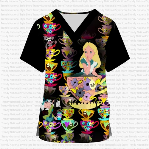 Imagen 2 del producto 2025 nuevo uniforme de trabajo de bolsillo para mujer, princesa de Disney, estampado de Mickey, Top exfoliante con cuello en V, ropa de enfermería, camisetas deportivas