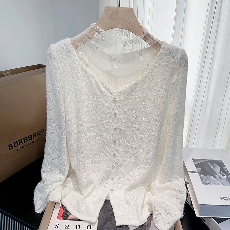 

Gentle Office Lady Shirts Women Lace Fake Two Piece Patchwork Bottoming Blouse Solid Simple Long Sleeve Autumn Winter Chic Tops
