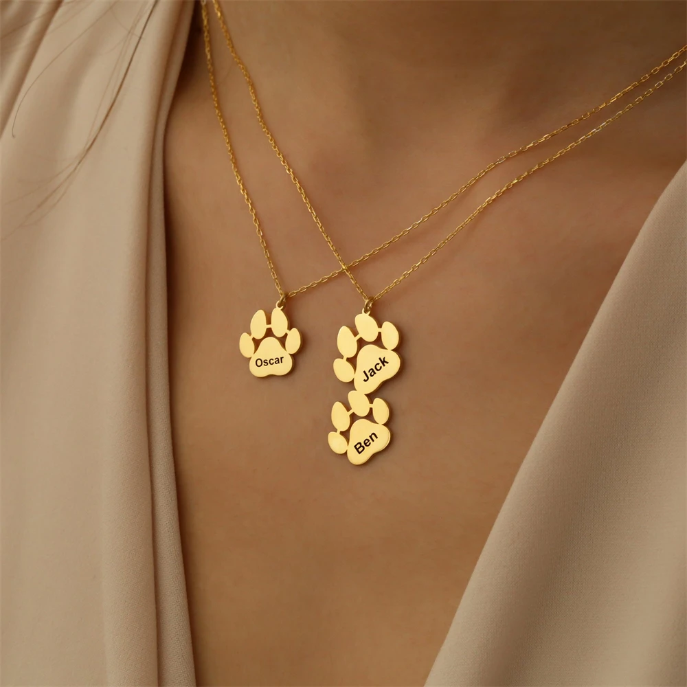 

Personalized Paw Print Necklace Engraved Name Necklace Custom Dog Paw Necklace with 1-4 Names Pet Memorial Jewelry for Pet Lover