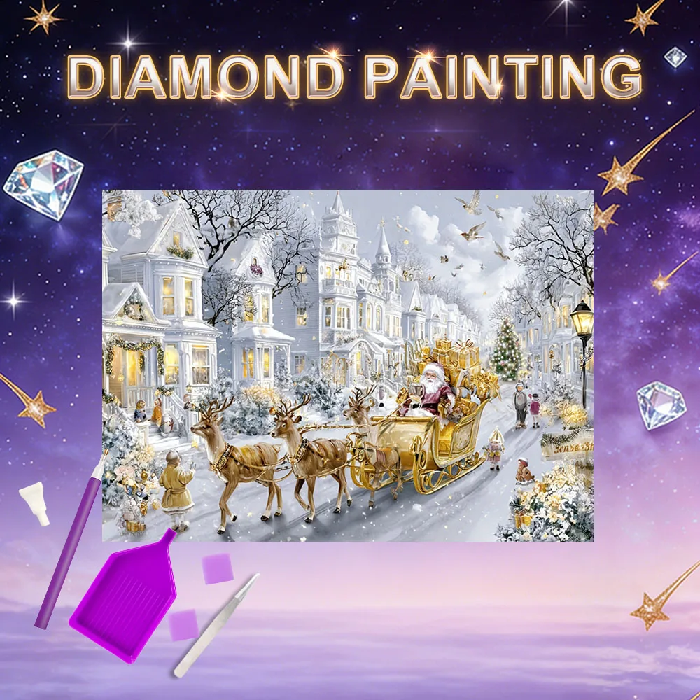HUACAN Diamantmalerei Komplettset Haus Winter Schneelandschaft Voll-Diamant-Mosaik Weihnachtsmann-Zug Weihnachtsdekoration für Zuhause