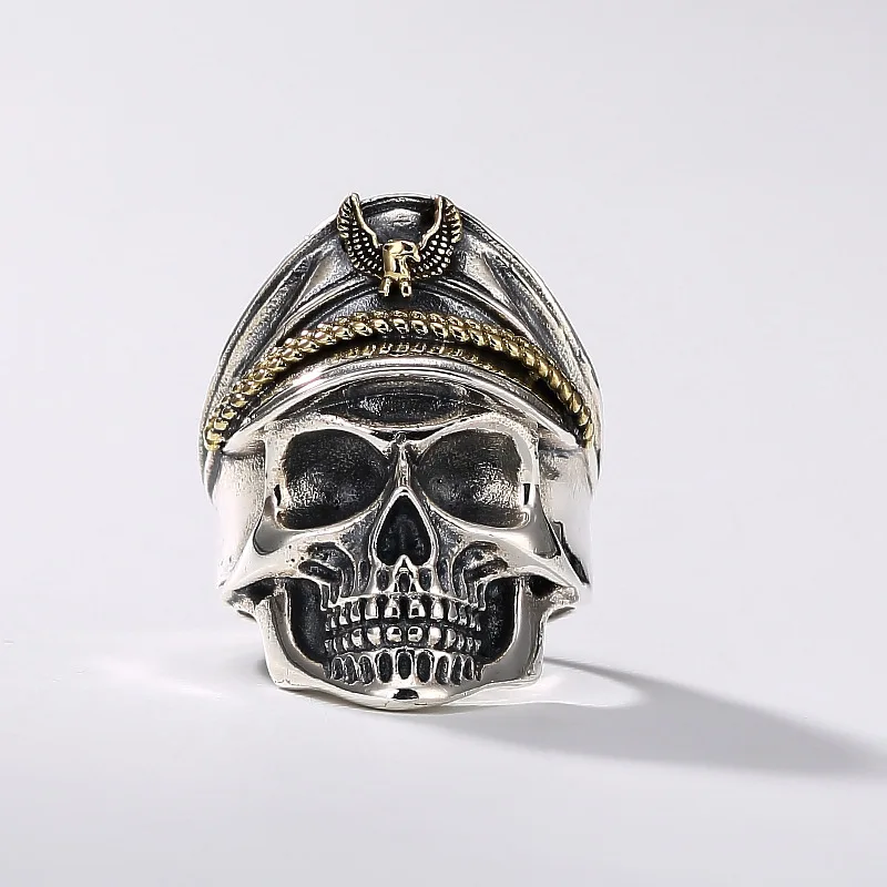 Retro Colored Navy Officer Skull Ring For Men Punk Gothic Rock Hiphop Open Ring Biker Accessories Handmade Jewelry Unisex Gift