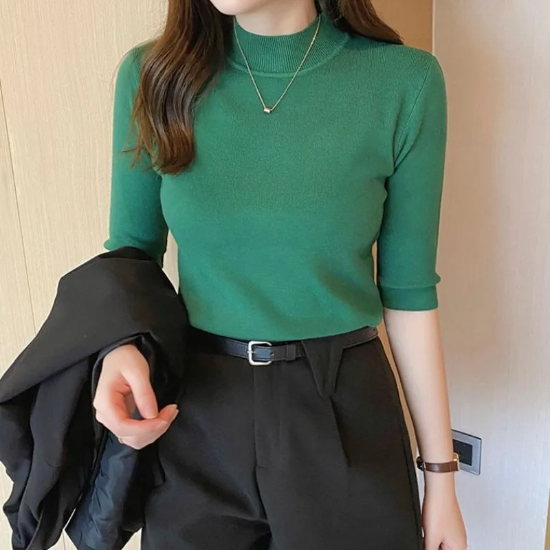 Half-high Neck Base Shirt Women\'s Spring Summer Inner Layer Mid-sleeve Slim Knit Sweater Top Half Sleeve Thin Sweater