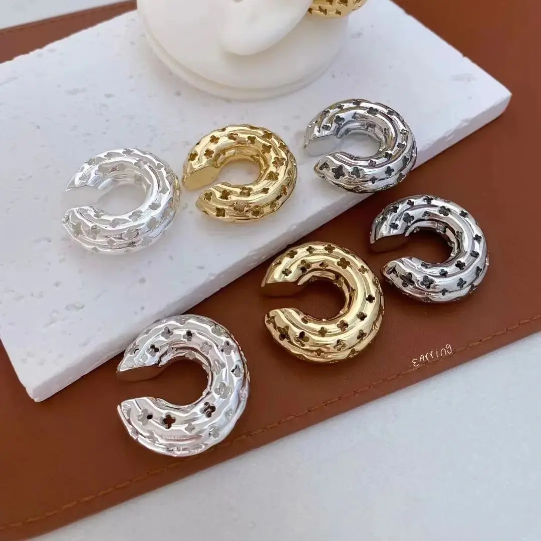 5 Pairs,Good Quality Chunky Hollow Star Round Circle Clip Earring For Women Gold Plated C Shape Ear Cuff Stud Tube Thick Earclip